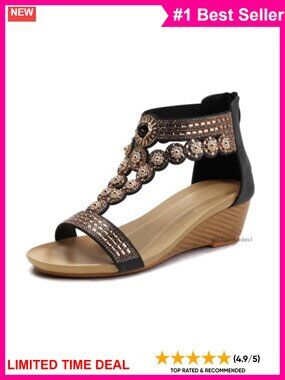 Womens Bohemian Wedge Sandals Open Toe Ankle Strap Zip Casual Summer Beach Shoes